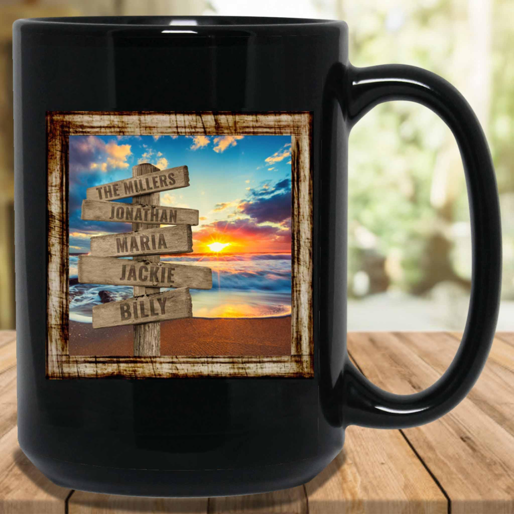 Ocean Beach Sunset v2 Personalized Multi-Names Directional Sign Mug Ocean Beach Sunset v2 Personalized Multi-Names Directional Sign Mug