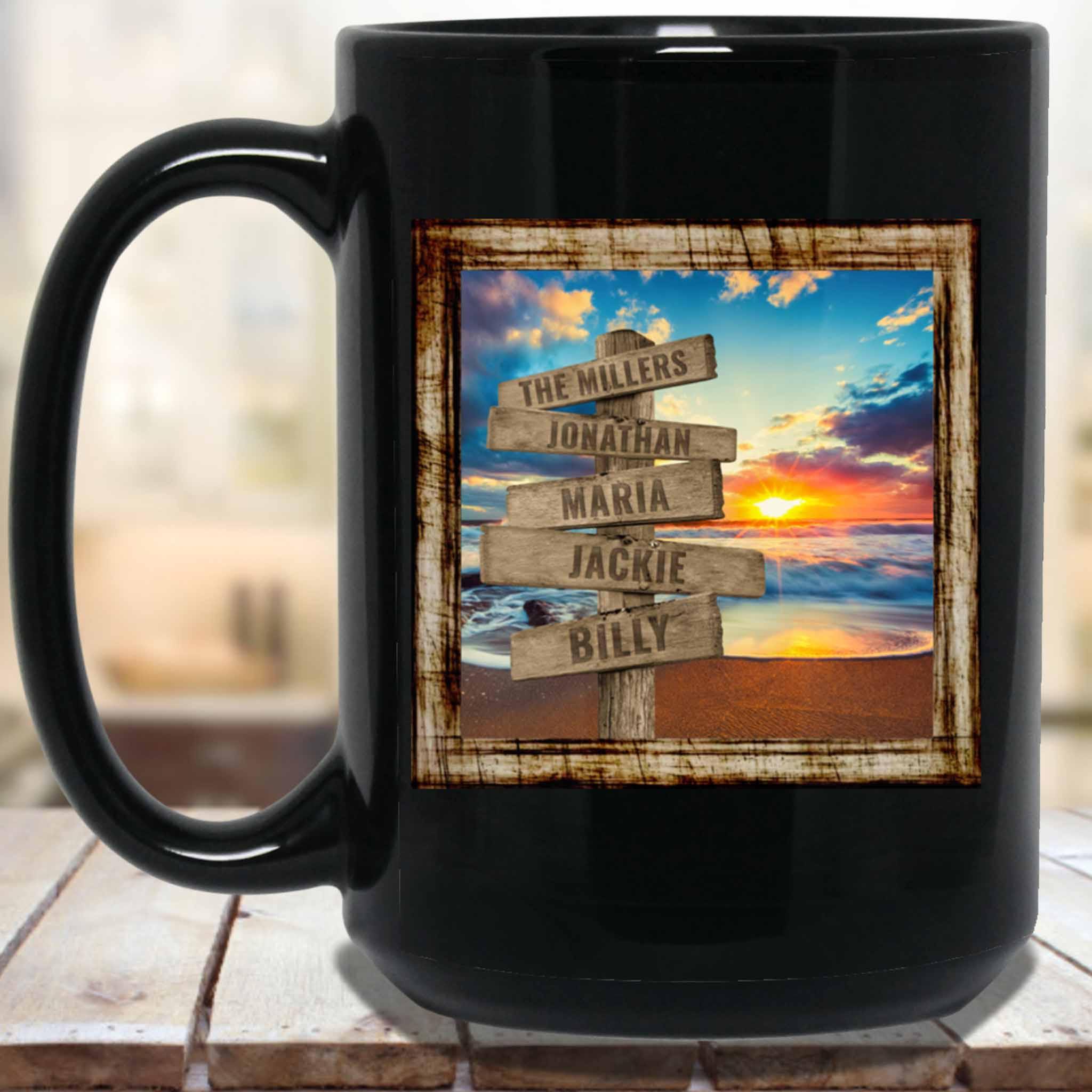 Ocean Beach Sunset v2 Personalized Multi-Names Directional Sign Mug Ocean Beach Sunset v2 Personalized Multi-Names Directional Sign Mug
