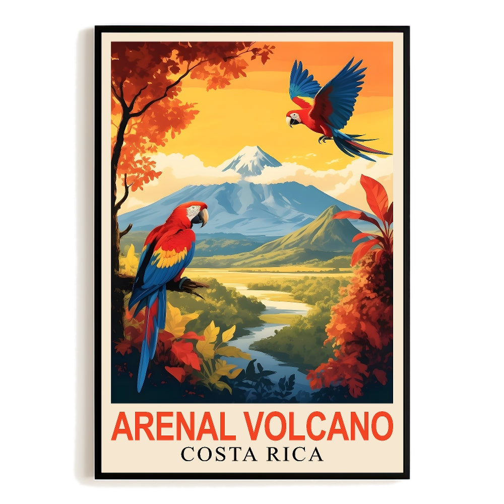 Arenal Volcano Costa Rica Vintage Travel Souvenir Poster Parrot And Mountain Nature Wall Art Print Landscape Painting Ideal For Home Office Living Room Decor Unframed