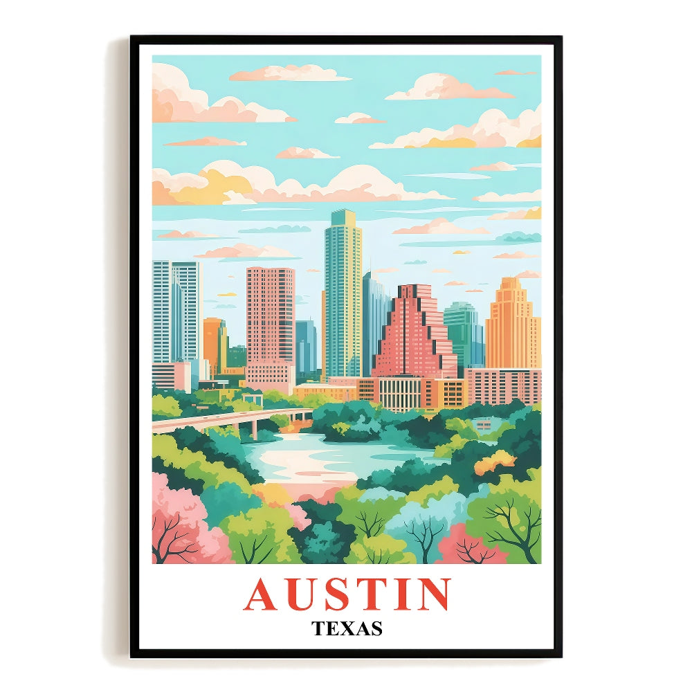 Austin Print Travel Vintage Poster Texas City Skyline Souvenir Wall Art Landscape Painting Picture Mountains For Home Room Living Room Office Bedroom Decor Unframed