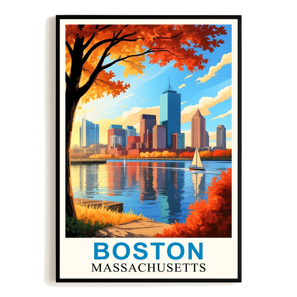 Boston Massachusetts Vintage Poster Cityscape With Fall Autumn Travel Enthusiasts Wall Art Landscape Painting Print Ideal For Home Office Living Room Decor Unframed