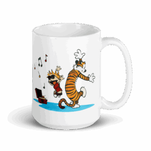Calvin and Hobbes Dancing with Record Player Mug