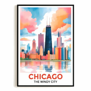 Chicago Print Travel Poster Windy City Skyline Colorful Clouds Souvenir Wall Art Landscape Painting Picture For Home Room Living Room Office Bedroom Decor Unframed