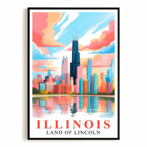 Illinois Art Print Travel Poster Land Of Lincoln Chicago City Skyline Travel Souvenir Wall Landscape Painting Ideal For Home Living Room Office Bedroom Decor Unframed
