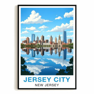 Jersey City New Jersey Travel Poster Skyline Water Reflection Souvenir Wall Art Landscape Print Painting Picture For Home Living Room Office Bedroom Decor Unframed