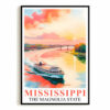 Mississippi Print Travel Poster Boating River Sunset Magnolia State Souvenir Wall Art Landscape Painting Ideal Gift For Home Living Room Office Bedroom Decor Unframed