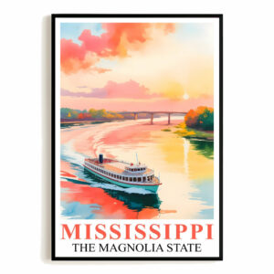 Mississippi Print Travel Poster Boating River Sunset Magnolia State Souvenir Wall Art Landscape Painting Ideal Gift For Home Living Room Office Bedroom Decor Unframed