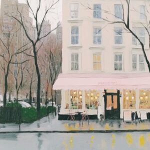New York City Coffee Shop Pink Street Painting Watercolour Travel Poster