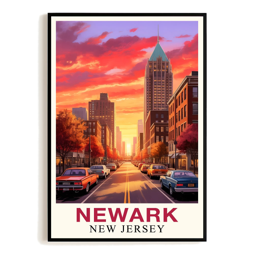 Newark New Jersey Print Vintage Travel Poster Sunset Vibrant Cityscape Souvenir Wall Art Landscape Painting Picture For Home Decor Living Room Office Bedroom Unframed