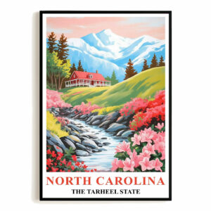 North Carolina Print Travel Poster Flowers Tarheel State Souvenir Wall Art Landscape Painting Picture Mountains For Home Room Living Room Office Bedroom Decor Unframed