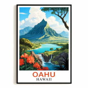 Oahu Hawaii Vintage Travel Poster Majestic Mountain Tropical Scenery Souvenir Wall Art Landscape Print Picture Ideal For Home Living Room Office Bedroom Decor Unframed