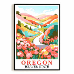 Oregon Print Travel Poster Floral Mountains River Beaver State Souvenir Wall Art Landscape Painting Ideal Gift For Home Living Room Office Bedroom Decor Unframed