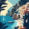 Positano, Amalfi Coast, Italy – Retro Landscape Beach and Coastal Theme Travel Poster