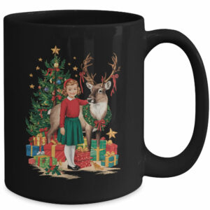 Retro Vintage Christmas 1950 1960 Girl Reindeer Xmas Tree Mug