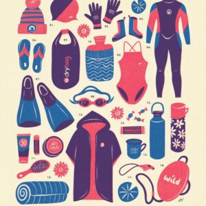 Retro Wild Swimming Kit in Blue, Pink and Cream  Vintage Open Water Swim Poster  Sport and Outdoor Nostalgic Graphic Illustration