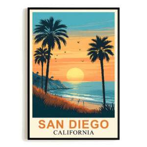 San Diego Sunset Vintage Travel Poster California Beach Art Print Tropical Landscape Wall Decor For Home And Office Wall Art Perfect For Living Room Bedroom Unframed