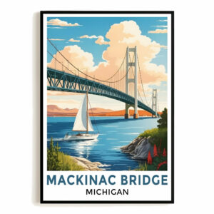 Straits Of Mackinac Bridge Michigan Vintage Travel Poster Wall Art Landscape Prints Paintings Picture For Home Room Living Room Office Bedroom Aesthetic Decor Unframed
