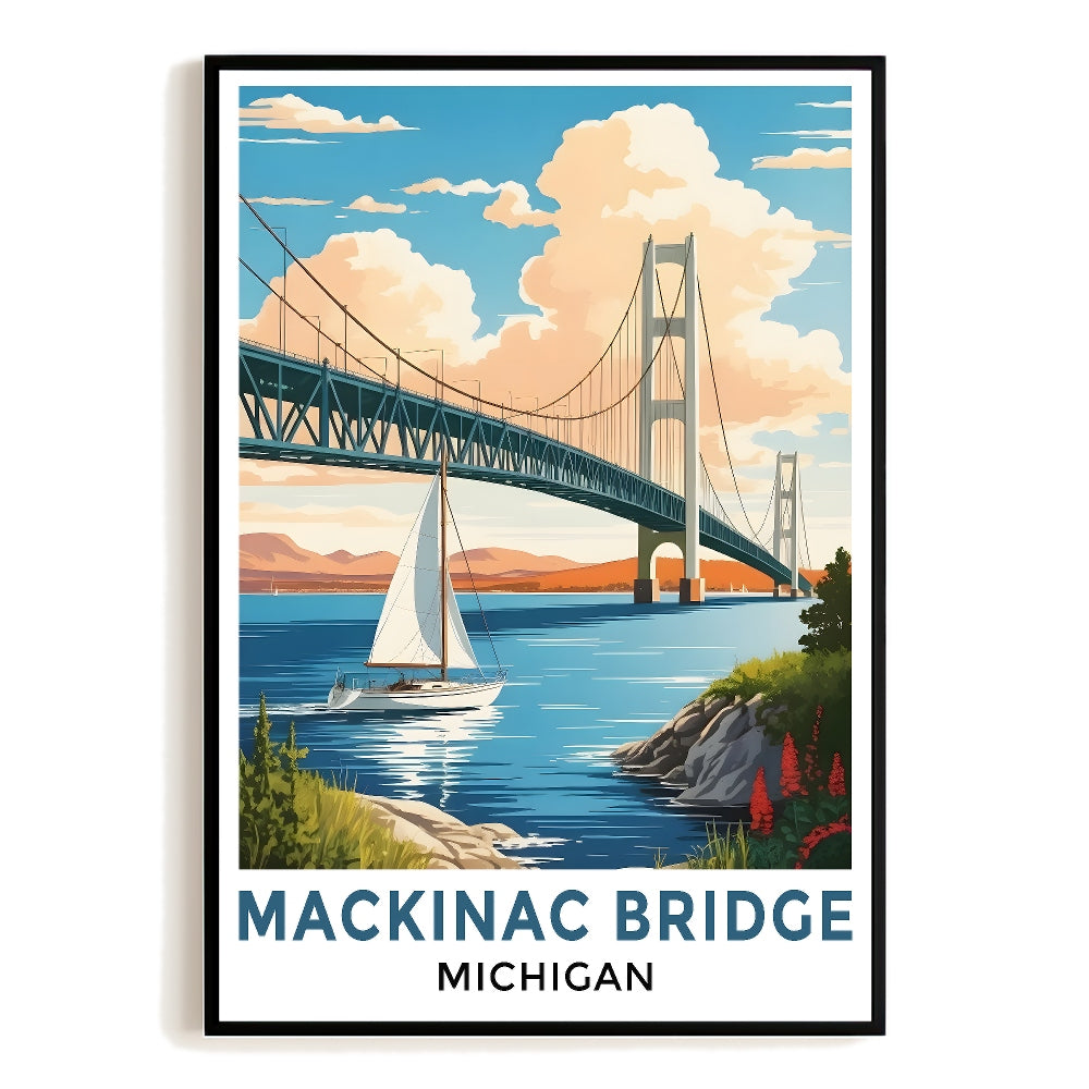 Straits Of Mackinac Bridge Michigan Vintage Travel Poster Wall Art Landscape Prints Paintings Picture For Home Room Living Room Office Bedroom Aesthetic Decor Unframed