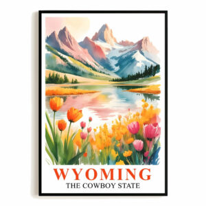 Wyoming Print Travel Poster Wildflowers Mountain Cowboy State Souvenir Wall Art Landscape Painting Picture Ideal Gift For Home Living Room Office Bedroom Decor Unframed